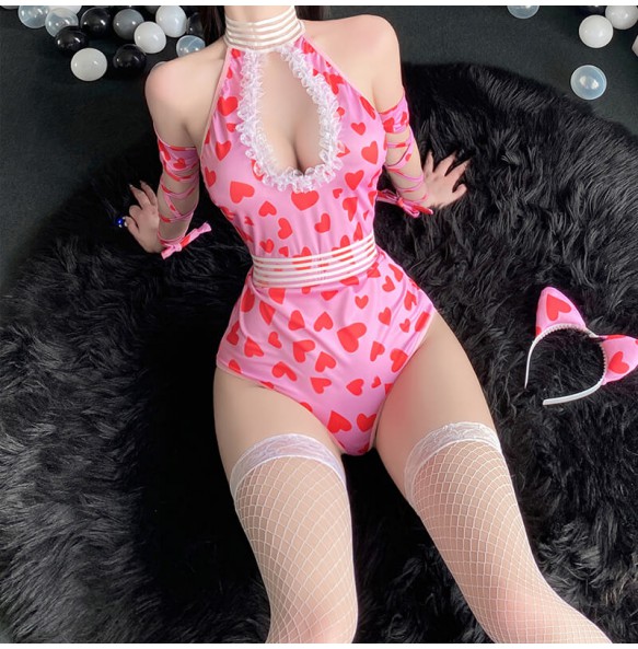 FEE ET MOI - Sweetheart Crotchless Bodysuit With Stockings (Pink)